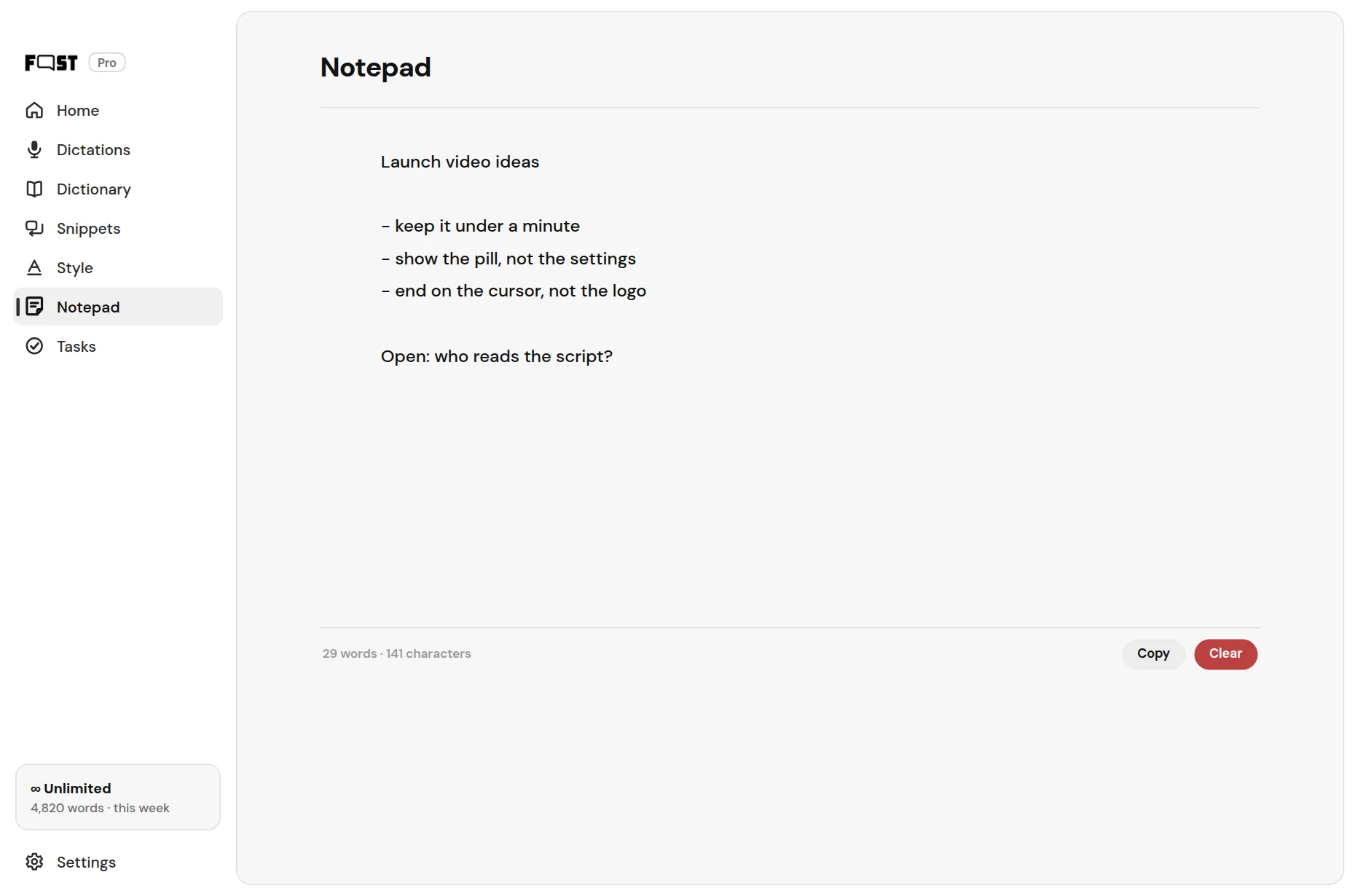 Fastspeech, the scratchpad, with the word and character count underneath.