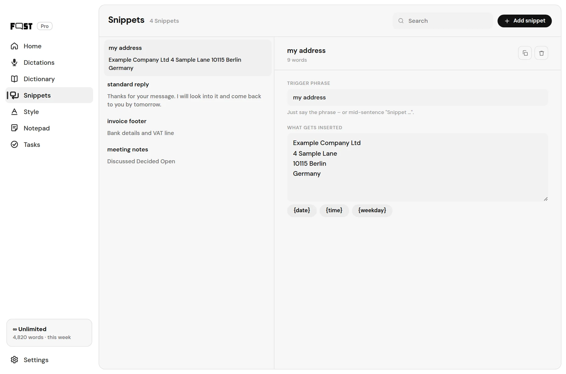 Fastspeech, a snippet, its trigger phrase and the text it writes.