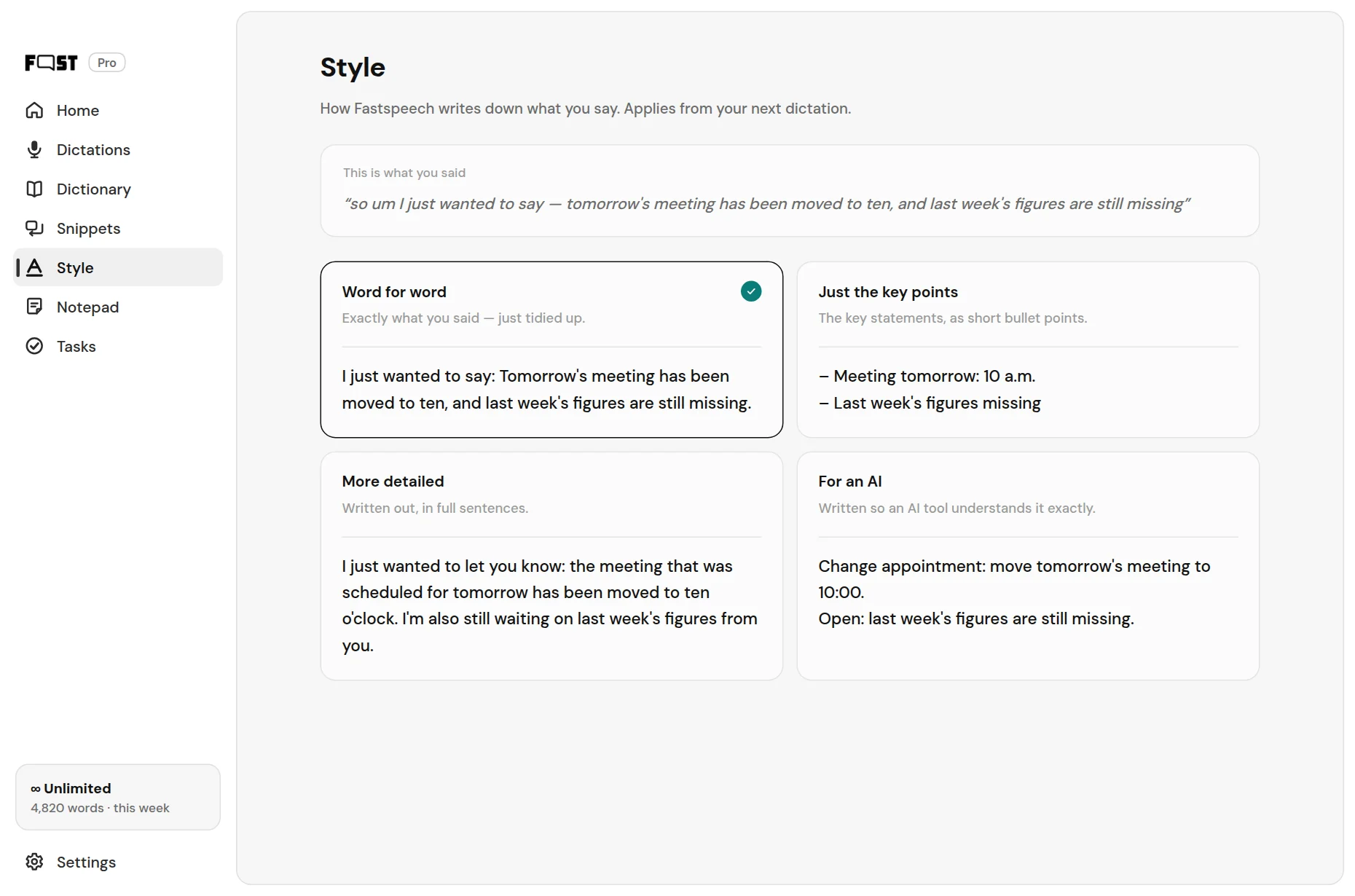 Fastspeech, one sentence in four styles, side by side.