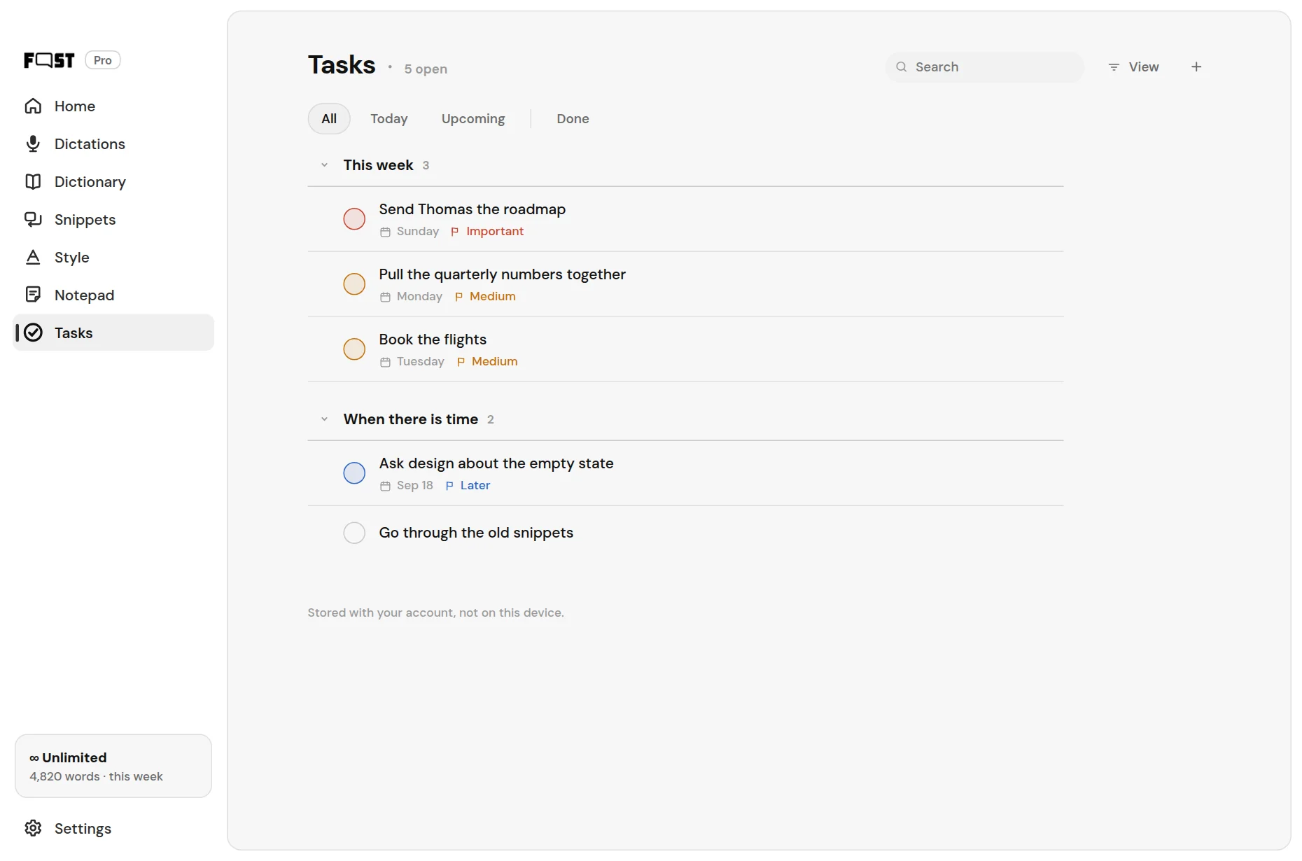 Fastspeech, tasks in sections, each with a date and a priority.
