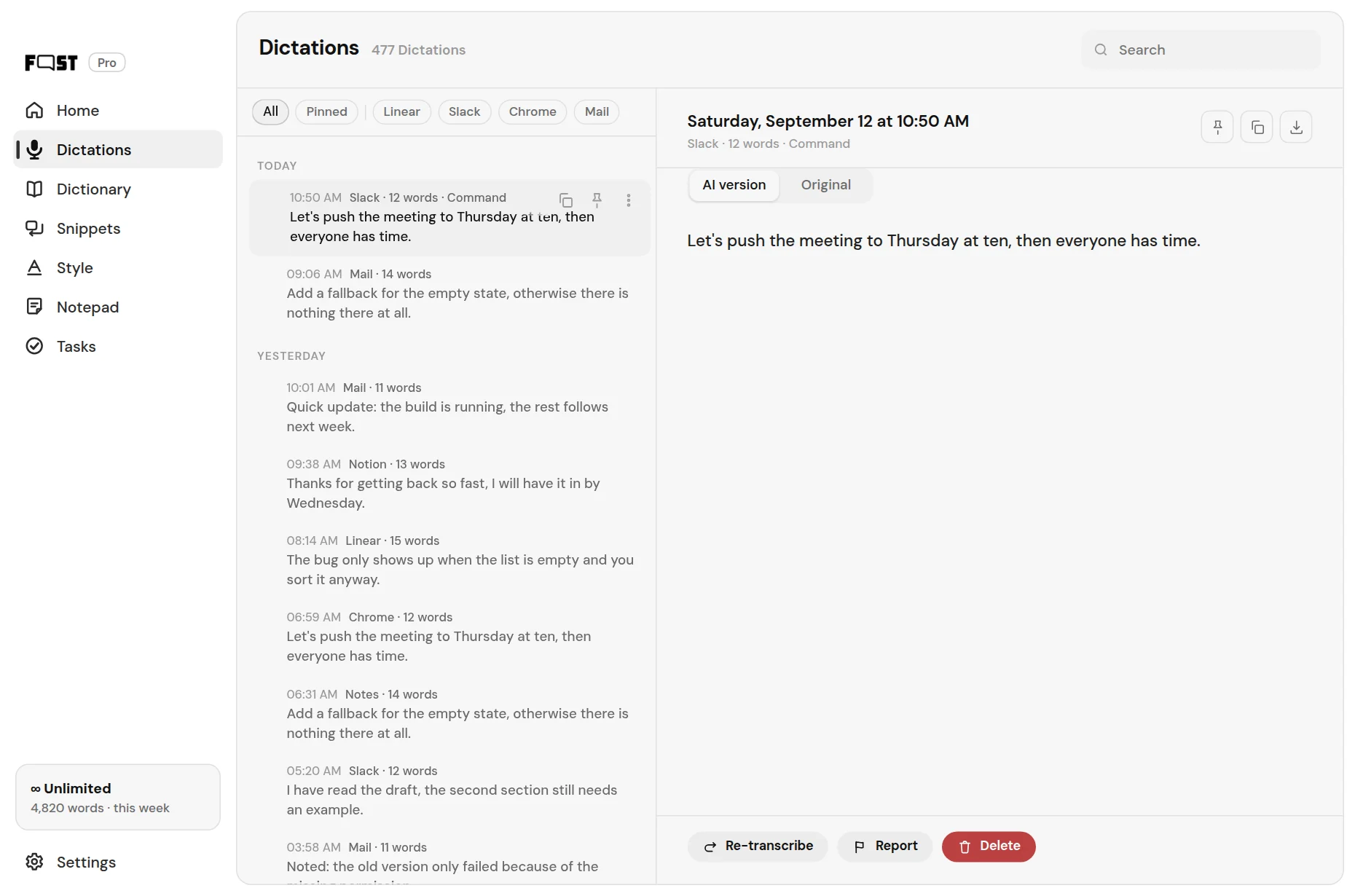 Fastspeech, the list of dictations with the app each one landed in, and the text beside it.